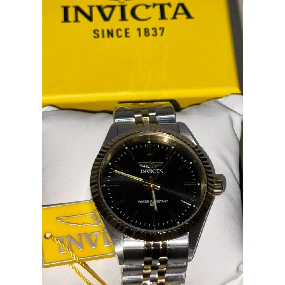 Invicta Men’s Two-Tone SS Quartz Watch Black/Gold Dial 50m w/Box Stainless Band